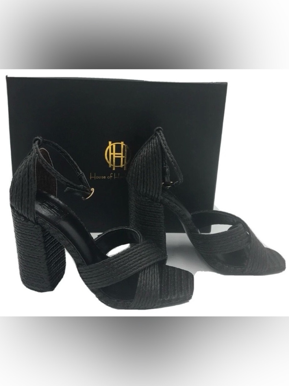 House of Harlow 1960 Black Woven Crisscross Block Heel Sandals